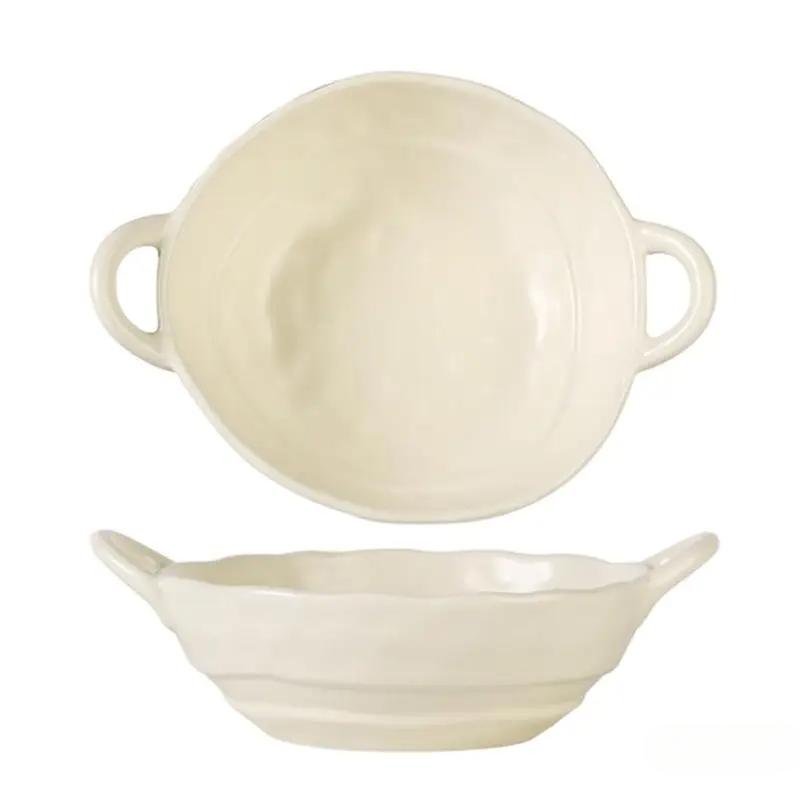 

Ceramic Salad Bowl with Handle Kitchen Soup Noodles Bowl Pasta Fruit Plate Tableware Double Ear Heat-resistant Design Salad Bowl