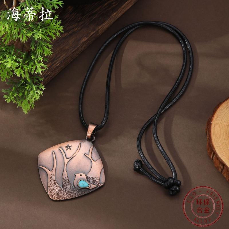 New Square Bird Turquoise Inlaid Leather Rope Pendant Women's Creative Bohemian Bird Branch Necklace