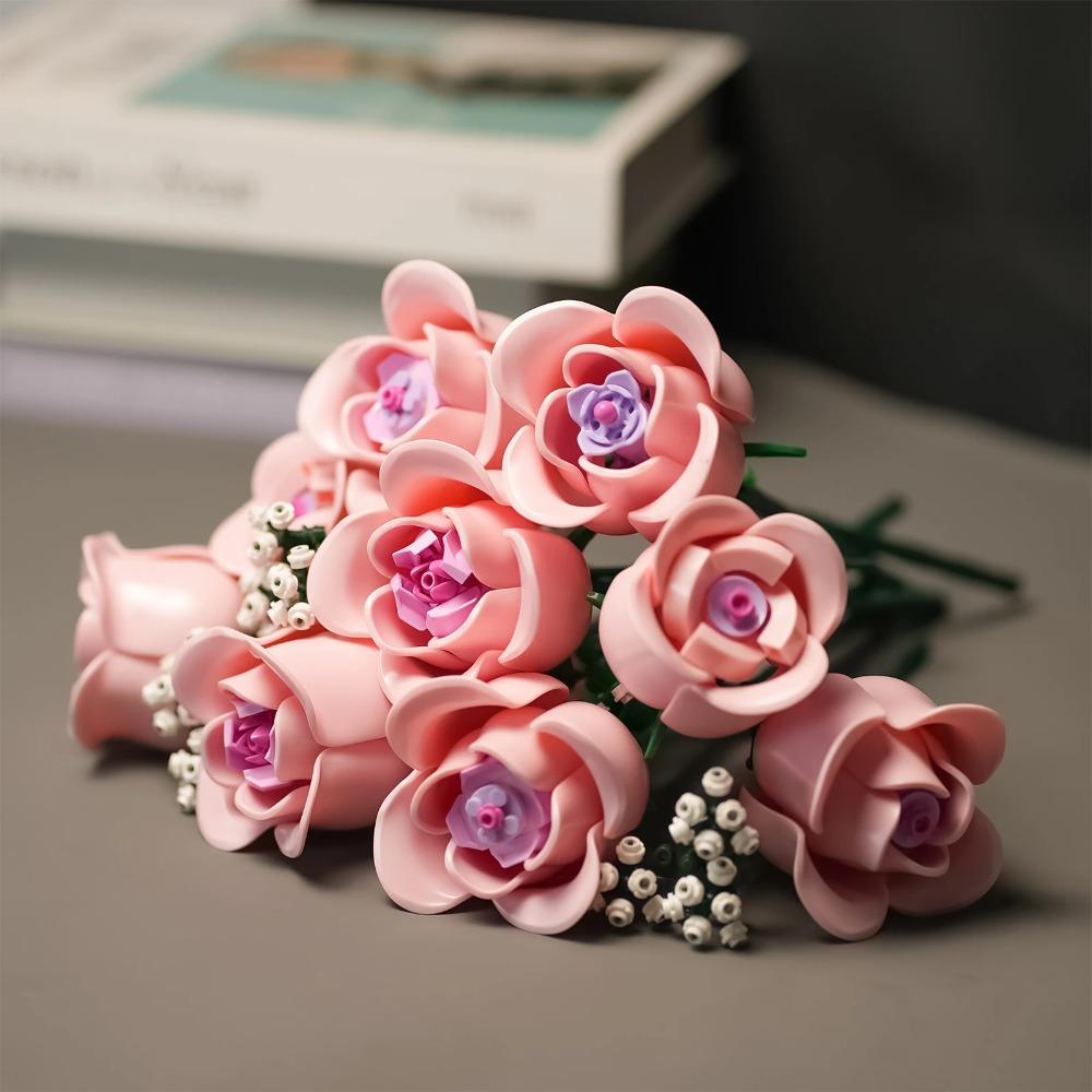 Romantic Rose Flower Building Blocks Set Pink Roses Flowers Toys for Adults, Plant Desk Decoration Bricks Gifts for Girls 613PCS