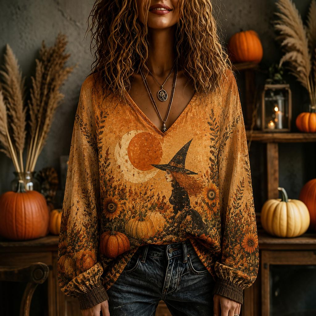 Women's V-Neck Top for Halloween and Fall Occasions