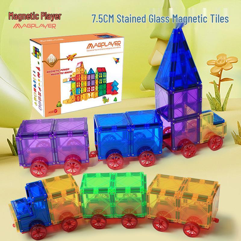 Cross-Border Magnetic Tiles: Colorful Large Window Building Blocks with Pipe Rolling Ball for Kids