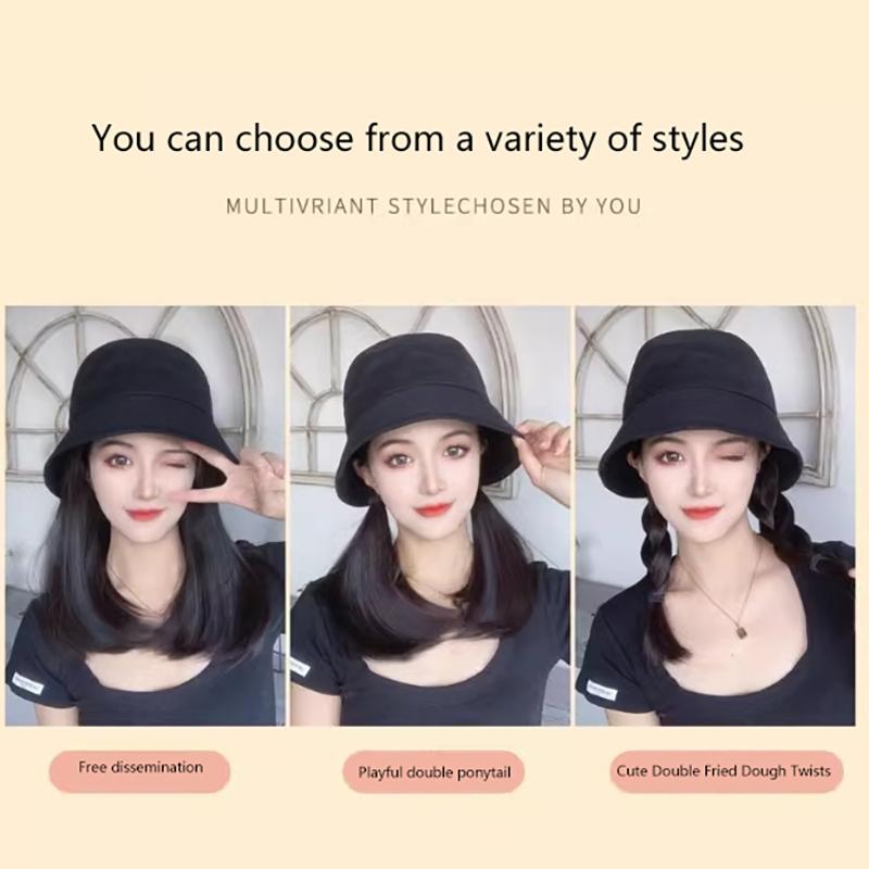 Bucket Hat Synthetic With Hair Cap  Short Straight Bob Fall Autumn Hat Wigs For Women Clip On Hair Extensions