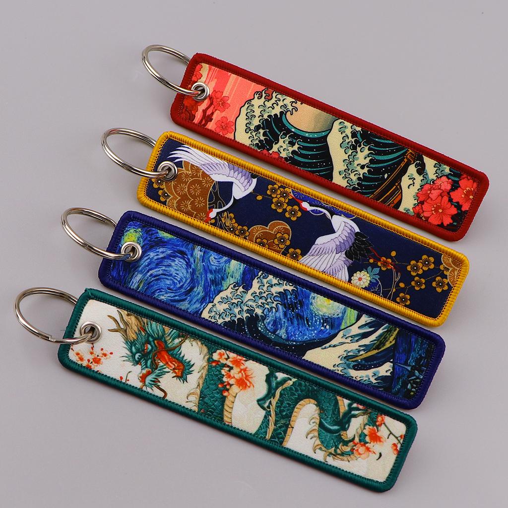 Embroidery Key Fobs Japanese Waves Key Tags Keychain For Motorcycles Cars Key Ring Accessories Jewelry Chaveiro Gifts