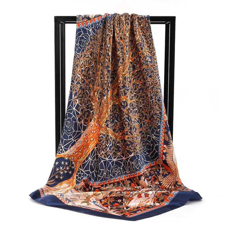 90*90Cm Women Elegant Floral Printed Square Imitation Silk Scarf Hijab Women Luxury Sunscreen And Dustproof Kerchief Head Scarf