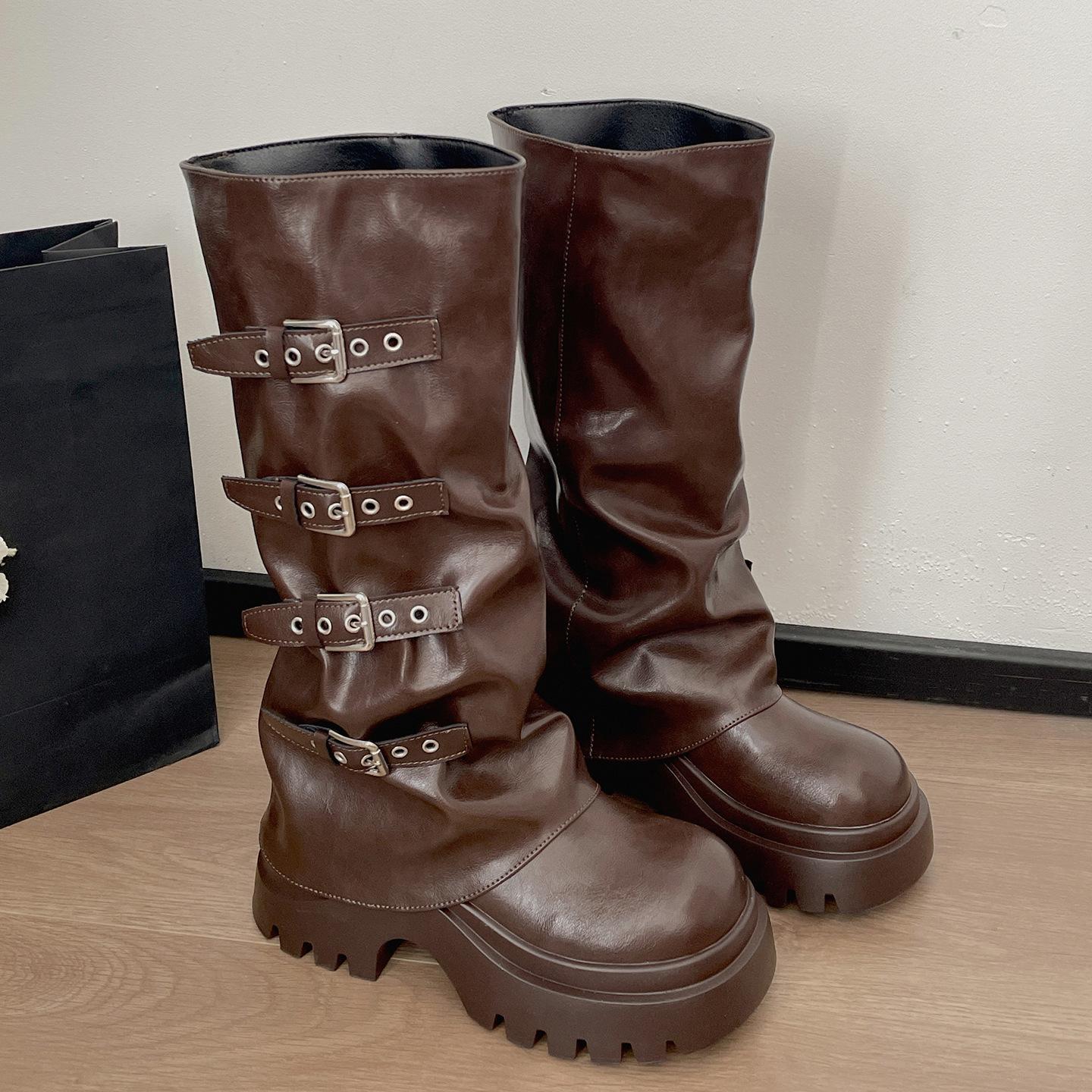 

Brown British style thick heel platform boots Martin boots women s 2025 new autumn small height-increasing trouser boots 35 коричневый