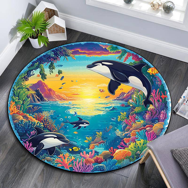 Orca Whales Round Area Rug,Carpet Rug for Living Room Bedroom Sofa Playroom Decor,Non-slip Floor Mat