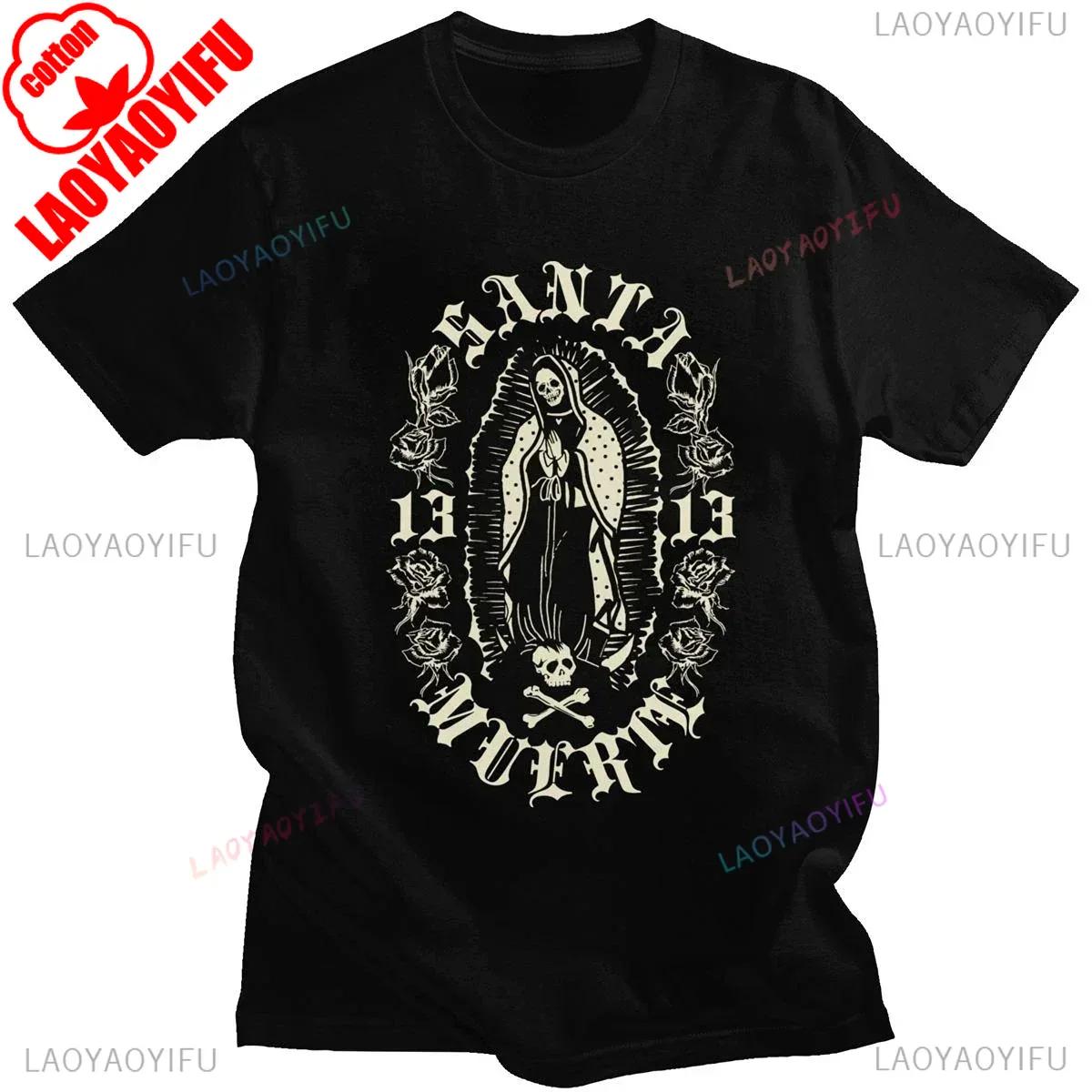 

Классическая готическая футболка Santa Muerte для мужчин, футболка Леди Святой Смерти, футболка с мексиканским черепом, хлопковая, с коротким рукавом, уличная одежда, хип-хоп футболки S