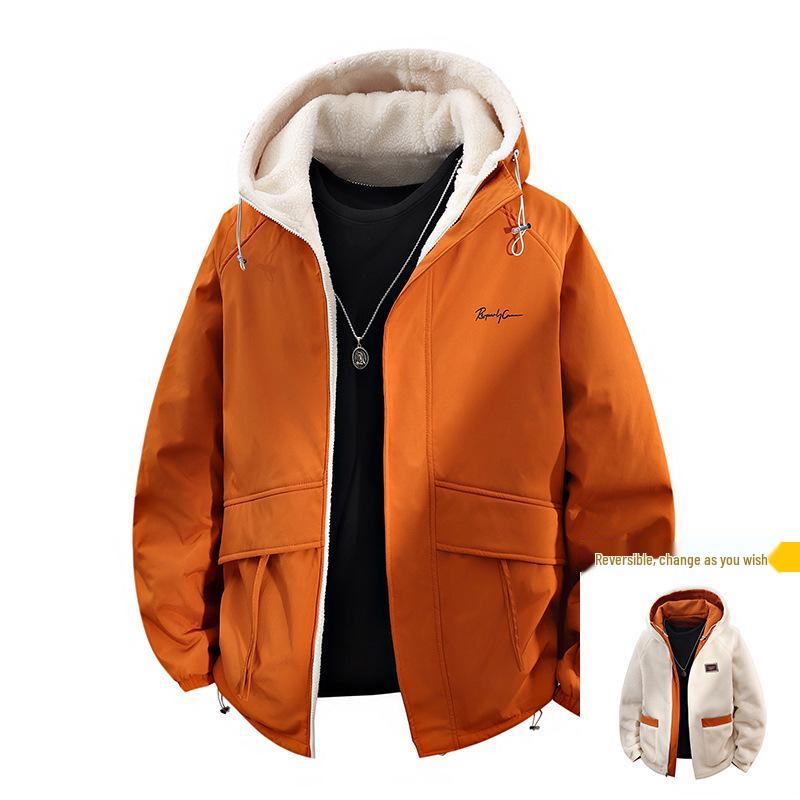 Men's Green Lambswool Hooded Jacket: Double-Sided, Casual, Velvet-Lined, Autumn/Winter Coat.