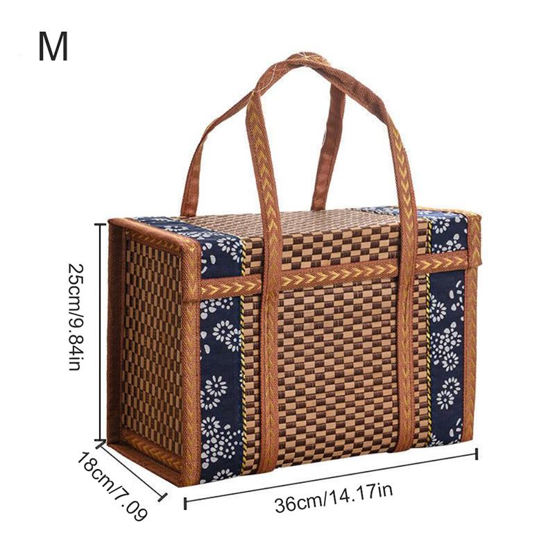Folding Bamboo Woven Fruit Basket Handheld Handle Fruit Shopping Food Basket Picnic Food Storage Basket For Outdoor