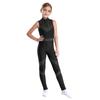 Girls Dance Rompers Sleeveless Mesh Patchwork Design Shiny Rhinestones Full Body Leotard Gymnastics Outfit