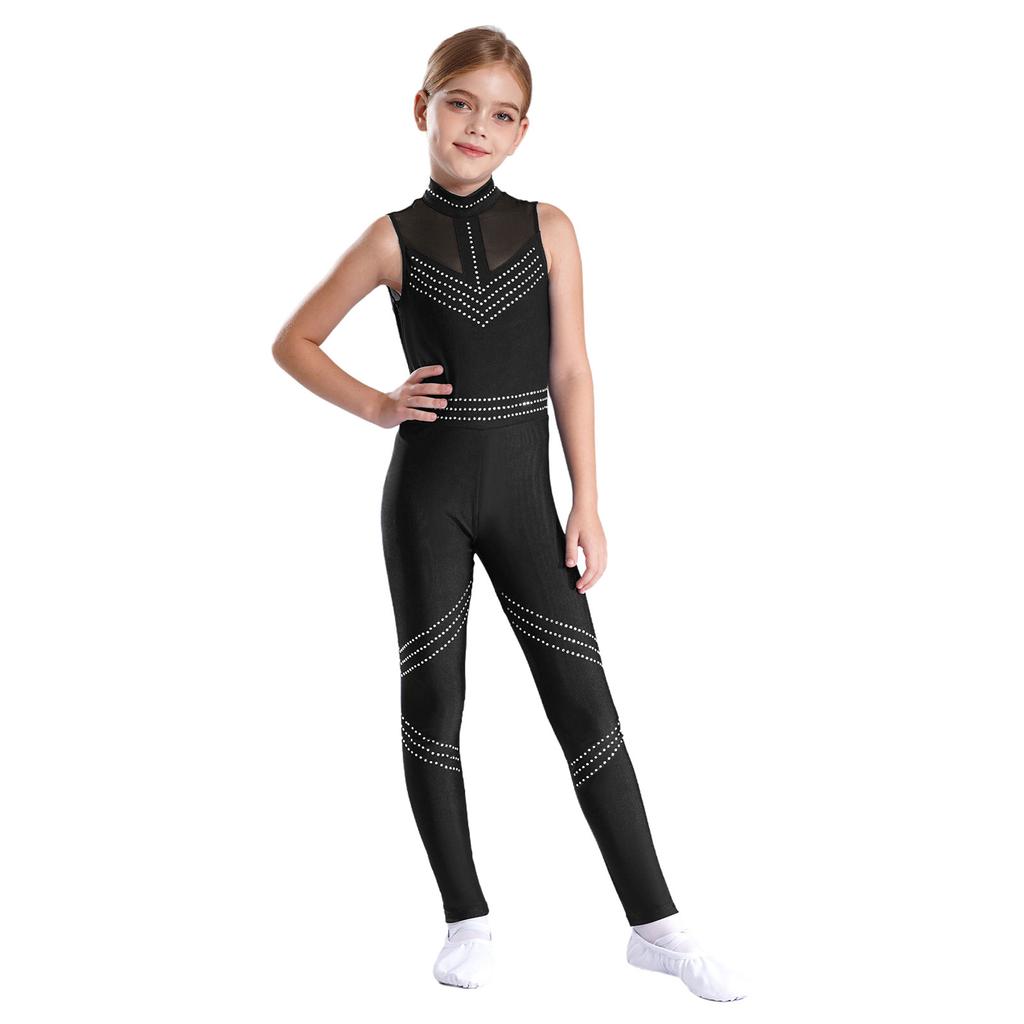 Girls Dance Rompers Sleeveless Mesh Patchwork Design Shiny Rhinestones Full Body Leotard Gymnastics Outfit