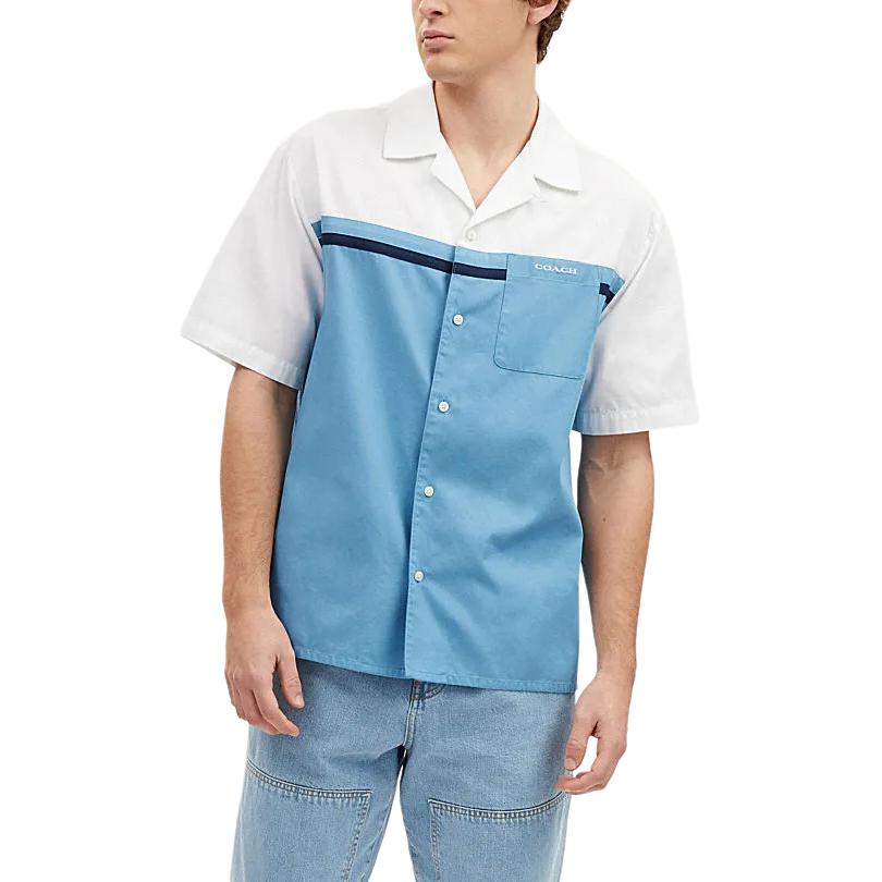 Coach SS24 Letter Logo Color Block Single-Breasted Short Sleeve Shirt Men shirts Blue CO811-BLM