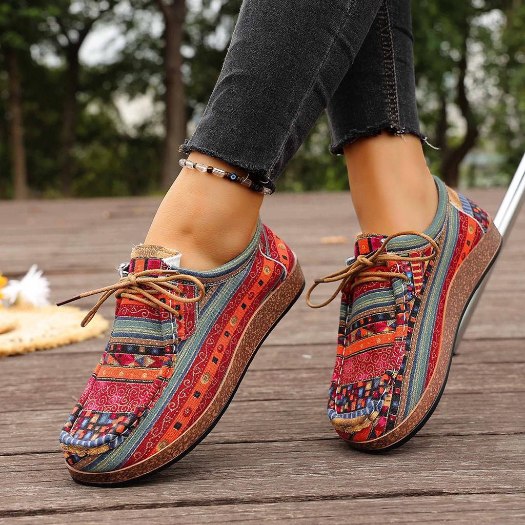 Plus-size Ethnic Style Casual Single Shoes Women's Colorful Lace-up Graffiti Low-top Wood Grain Platform Shoes