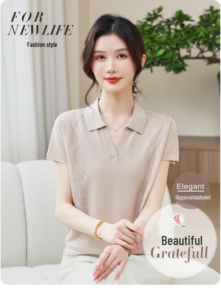 Mom's Summer Lapel Loose Knit Ice Silk Top - Elegant, Age-Reducing, Short-Sleeved T-Shirt for Middle-Aged Women
