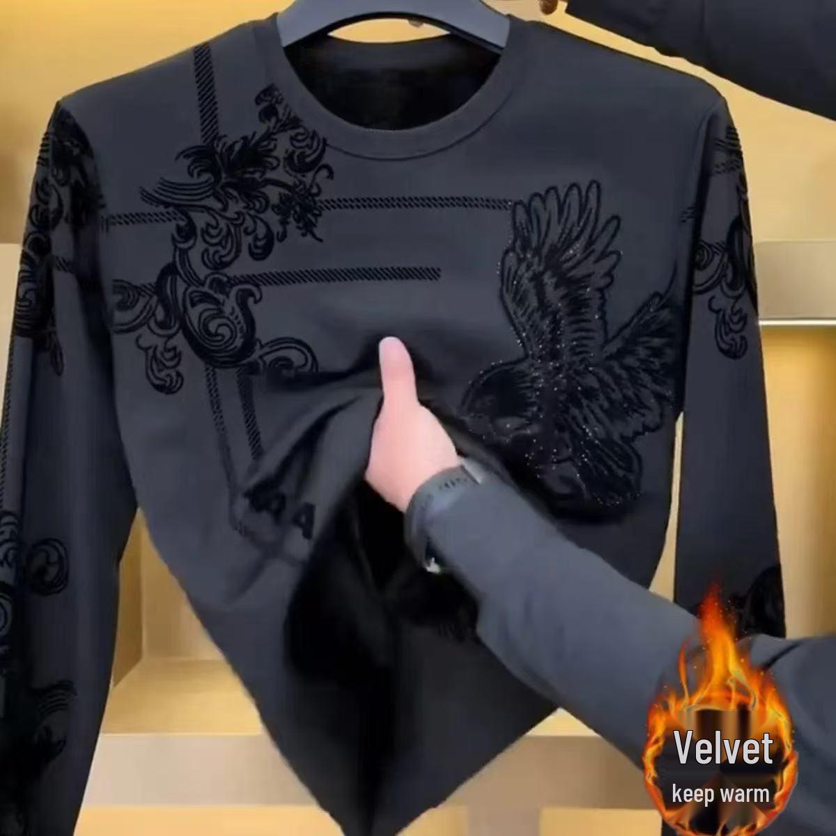

Men s Classic Black Flocking Warm Hoodie - Casual, Versatile, Loose Fit, Comfortable Round Neck Base Layer for Winter 3XL