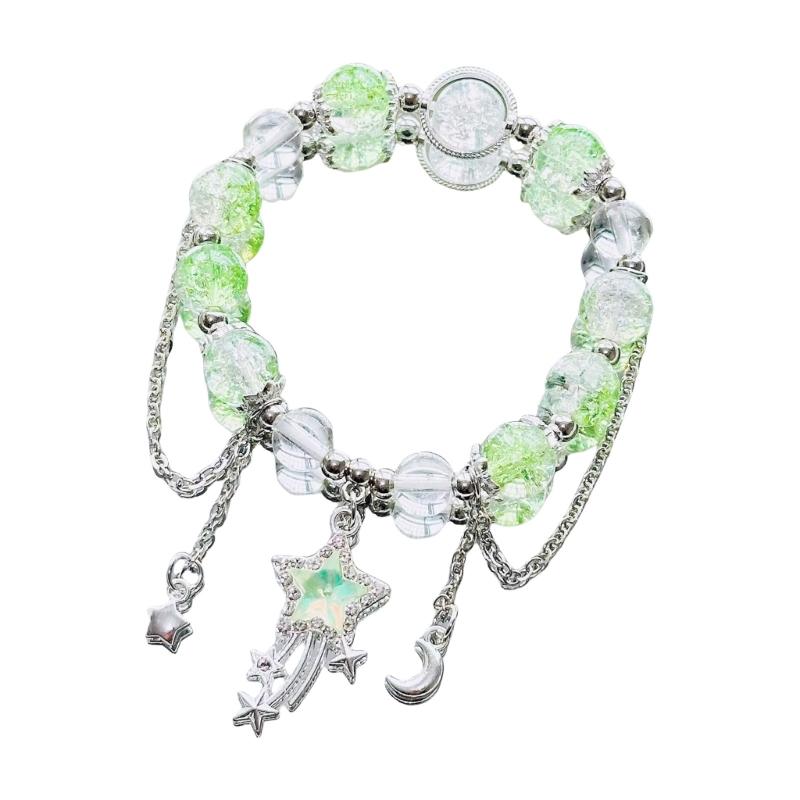 

Glass Beads Bracelet with Star and Moon Charm Beaded Handchain Stylish Elastic Rope Wristchain for Women and Girls зелений