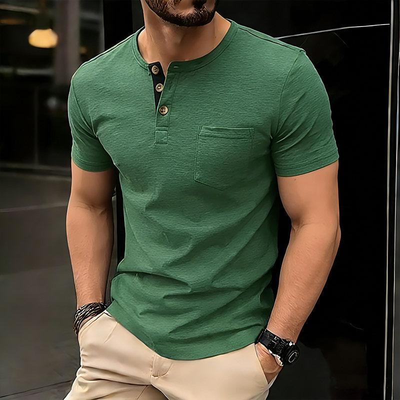 Men's Summer Solid Color Pocket T-Shirts Button Henry Collar Casual Daily Office Short Sleeve Top Tees Hip Hop Streetwear Tee