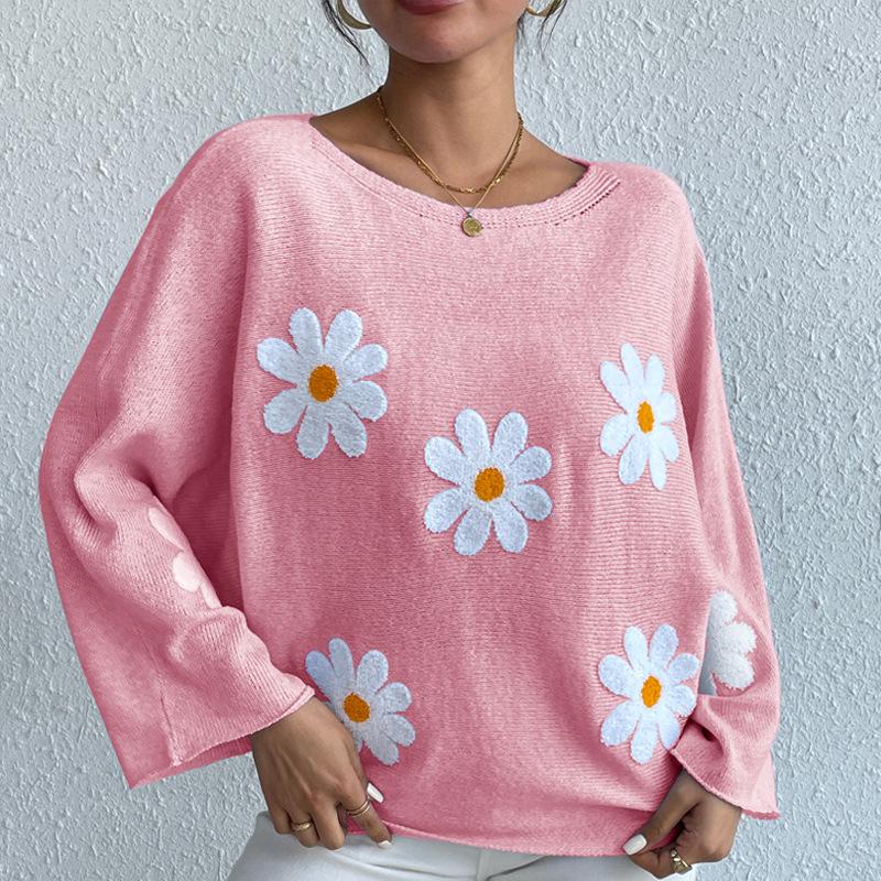 Sweet Floral Embroidered One-Shoulder Knit Pullover Sweater - 2024 European & American Style
