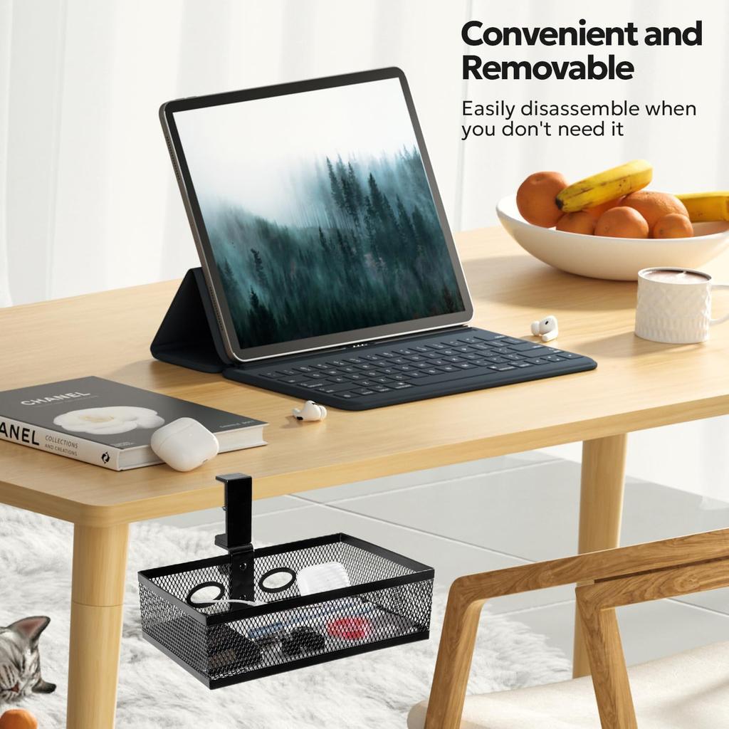 Under Desk Drawer Organizer Clamp On - 360° Swivel Metal Mesh Storage Basket, Hidden Rotating Desktop Tray for Standing Desk, Office Supplies &