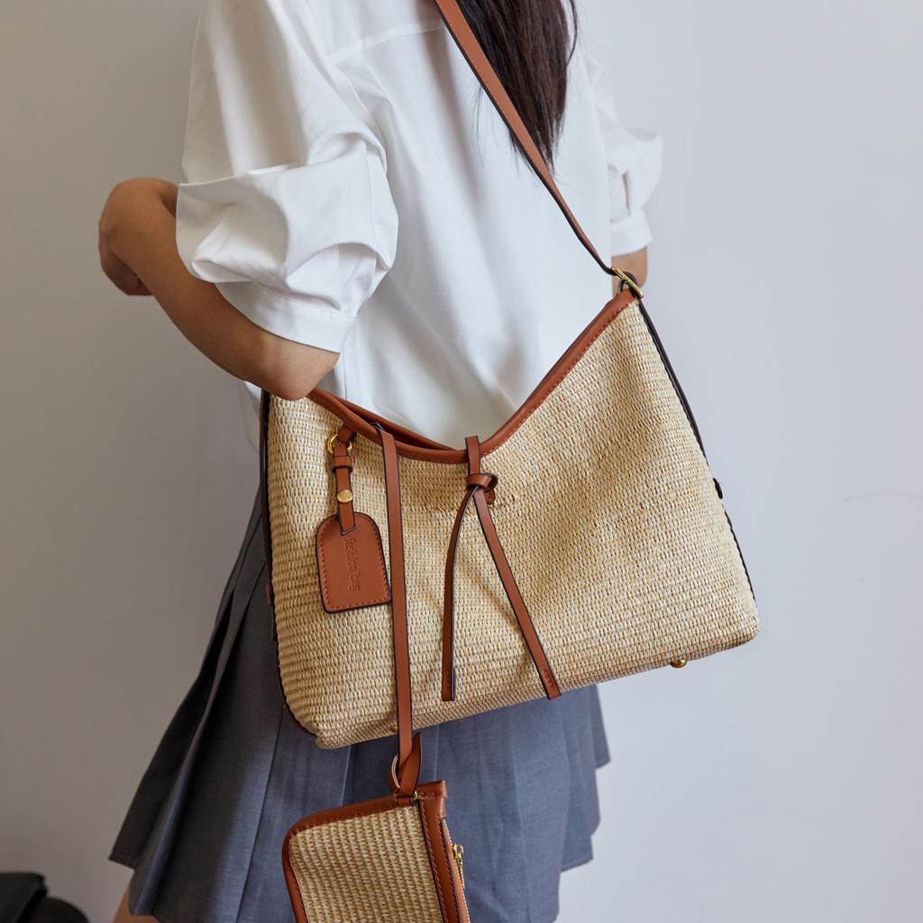 Borsa intrecciata da sottoascellare da donna nuova alla moda casual a contrasto di colore a righe tote bag crossbody versatile borsa a tracolla