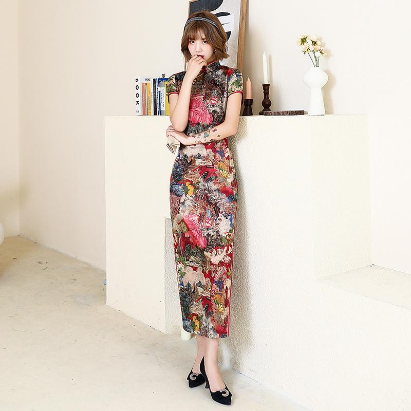 1011 New summer and autumn long cheongsam skirt women's dress slim-fit performance performance Chinese style satin