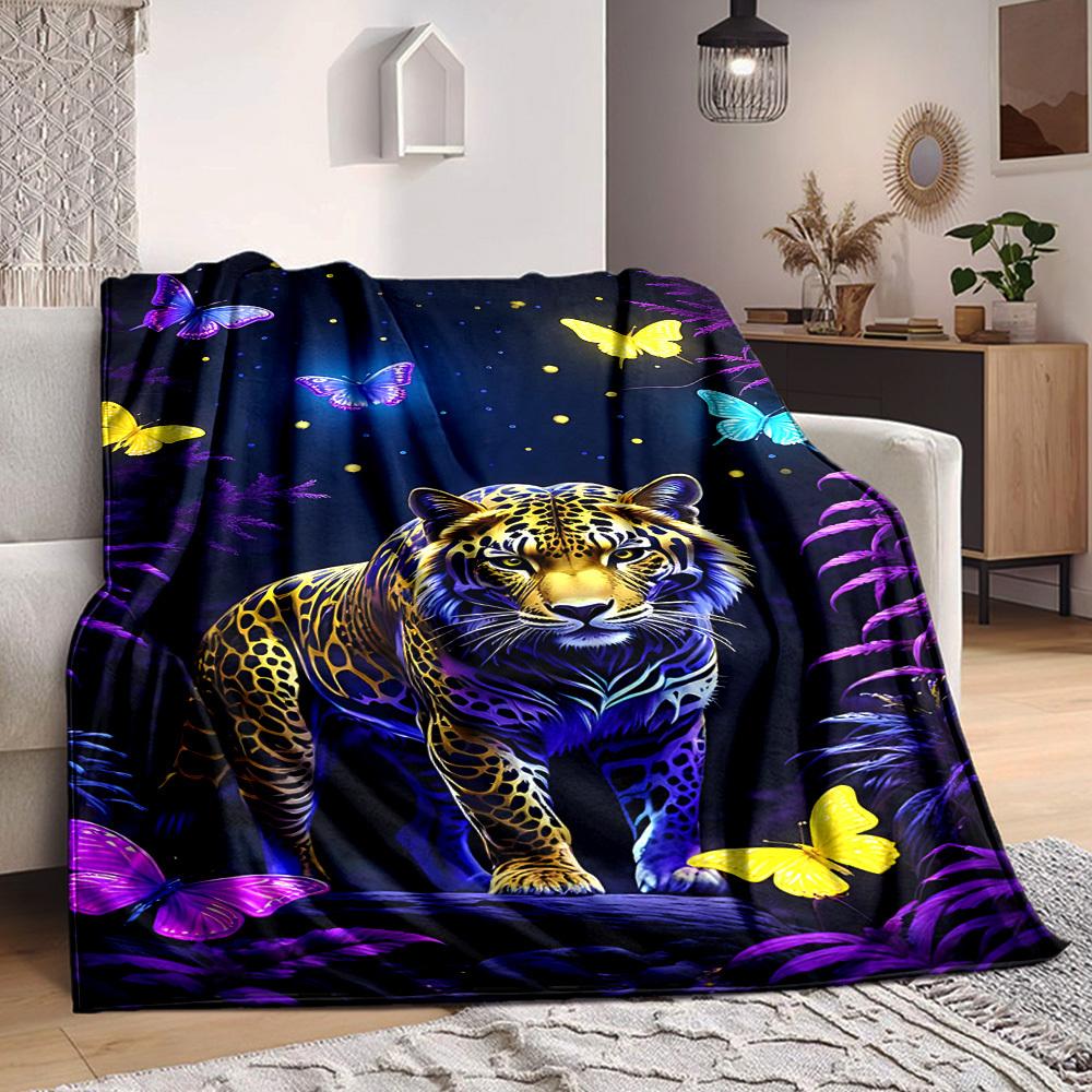 1pc Neon Jaguar Print Blanket - Lightweight Flannel Fleece with Digital Printing, Soft Warm for Sofa, Travel, Camping, Office Yy251018265