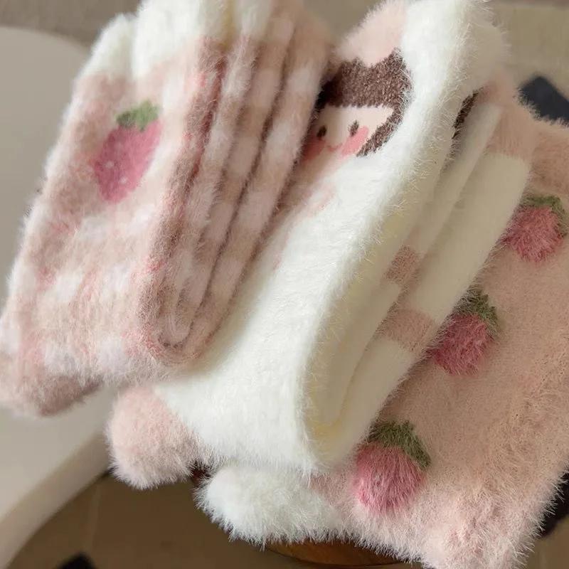 1/3 Pairs Ladies' Socks Pack Autumn Winter Thickened Warm Plush Floor Socks Pink Cartoon Cute Kawaii Sweet Mid Tube Socks Girl