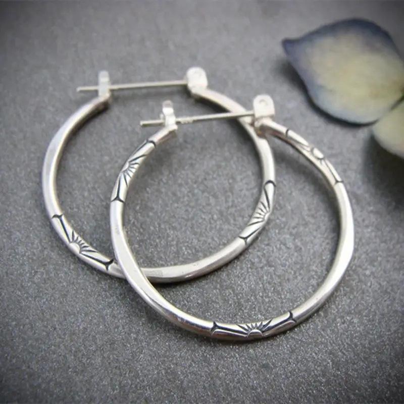 Retro Antique Silver Loop Earrings, Court Character Design Large Earrings, Floral Flower Ear Buckles