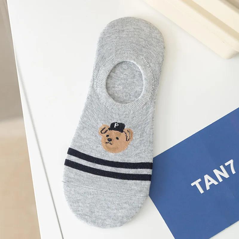 5 Paar/Charge Mode Herren Bootssocken rutschfest transparentes Silikon Baumwolle Knöchelslipper Cartoon Bär Sommer Herbst Socken