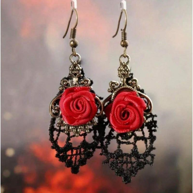 Alloy Rose Earrings for Women, European and American Fashion Retro Gothic Versatile Dark Style Earrings