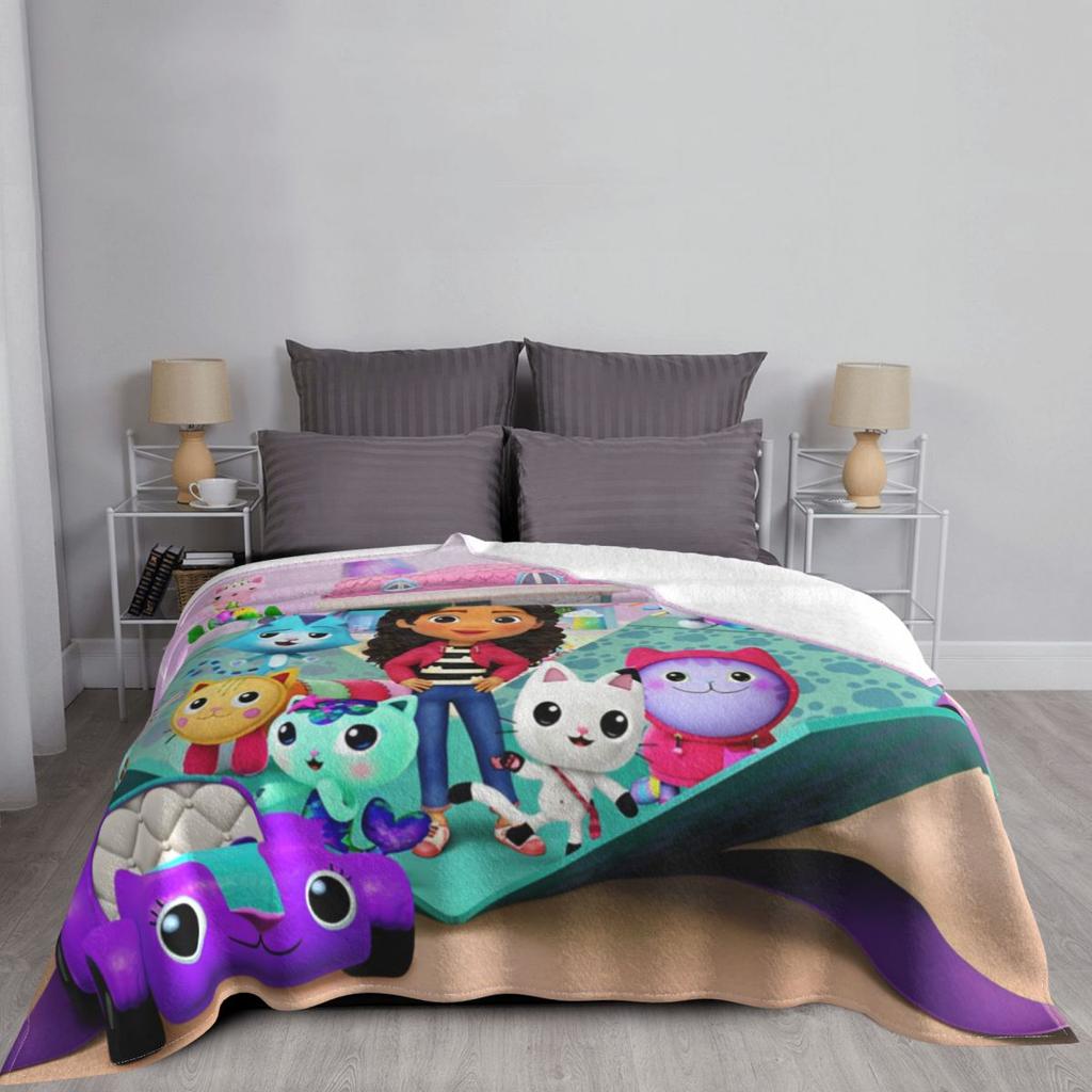 Gabbys Dollhouse Cartoon Blankets Velvet Summer Multi-function Lightweight Throw Blankets for Bed Office Plush Thin Quilt