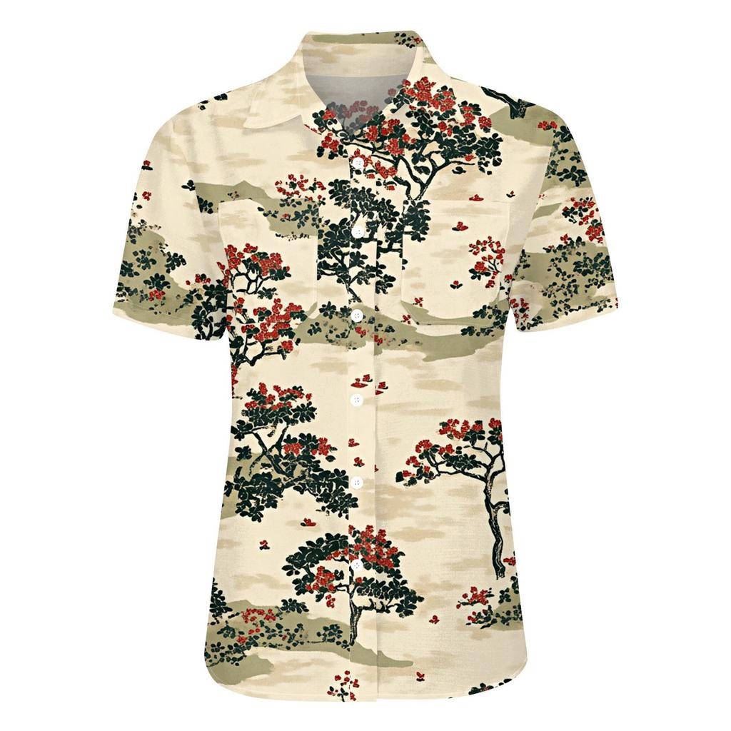 Damen Blusen & Hemden, Baumwolle, Leinen, kurzärmelig, lockere Boho-T-Shirts, Vintage-Blusen