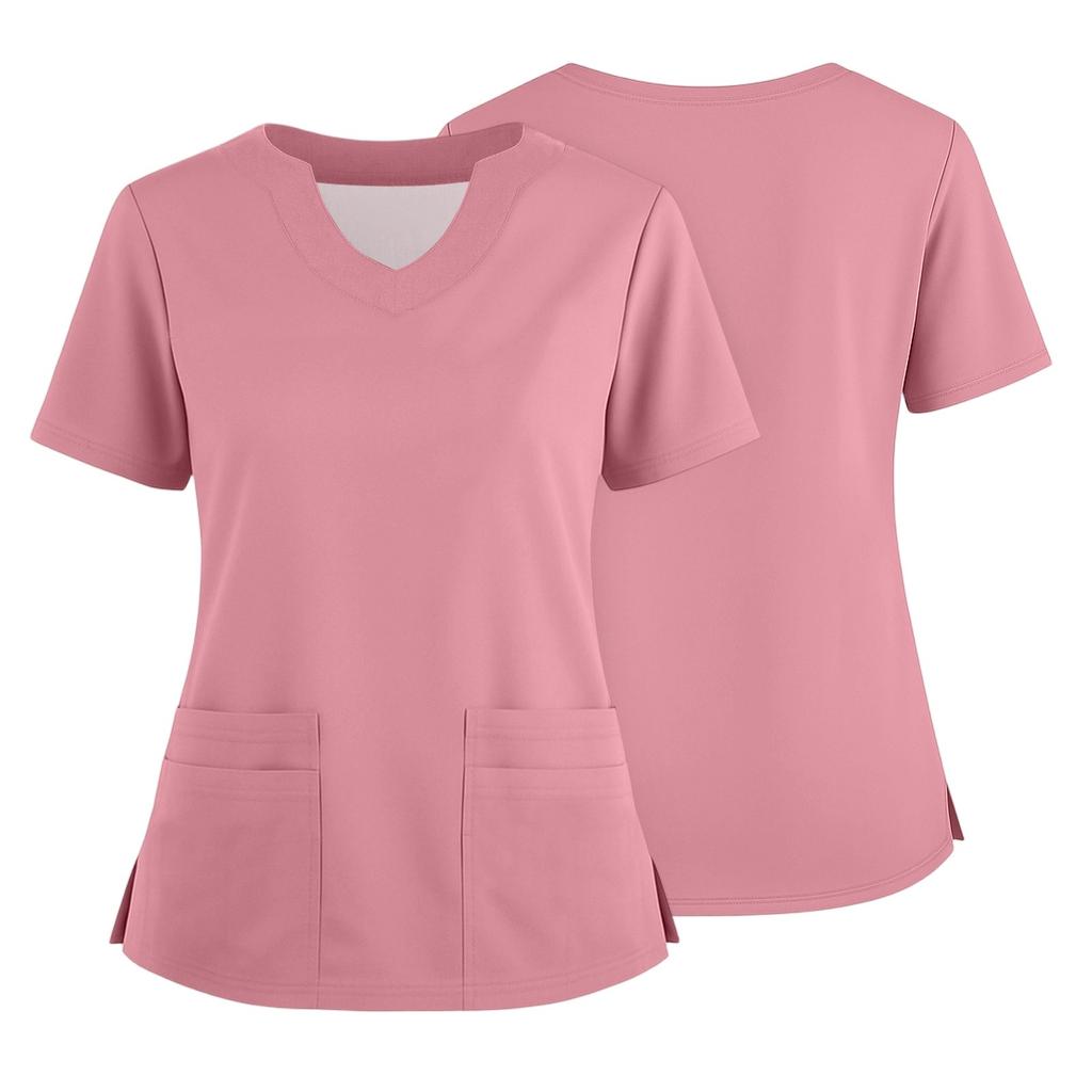 Women's Short Sleeved Solid Color V-neck Buttonable Side Slit Top T-shirt