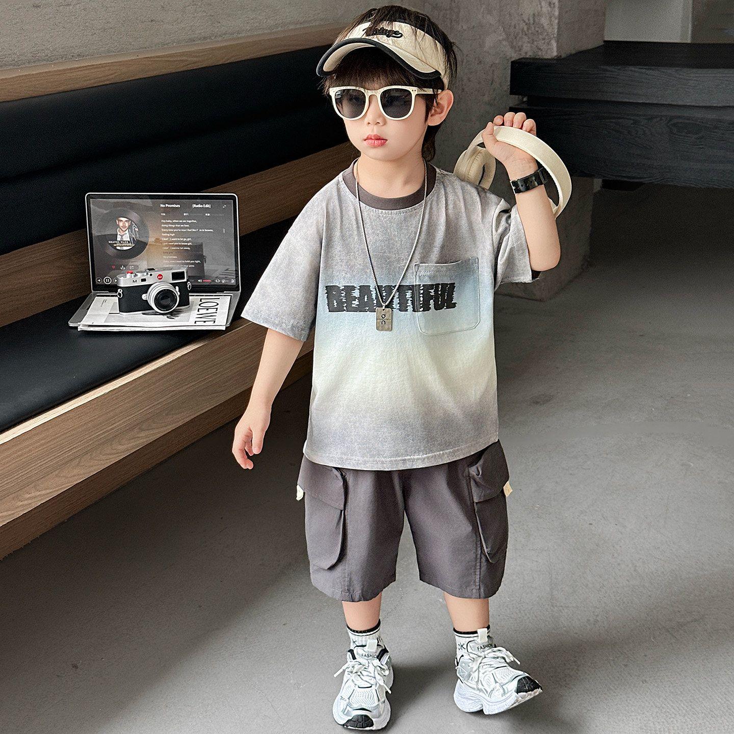 2026 Boys  Gradient Tie-Dye T-shirt & Cargo Pants Summer Set 90cm