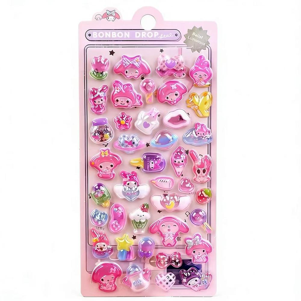Luminous Cute Sanrio 3D Relief Stickers Kawaii Girls Kuromi Cinnamoroll My Melody Crystal Decals Kids Decoration Sticker Packs