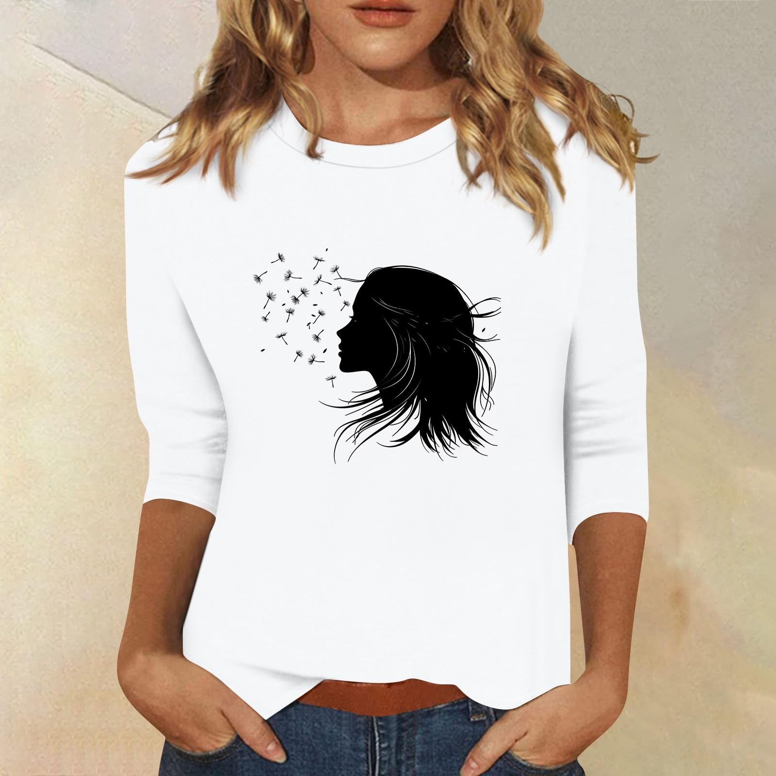 

Топи з рукавами 3/4 для жінок Футболка Повсякденні топи з принтом Футболка з круглим вирізом Пуловер Блуза XXL білий