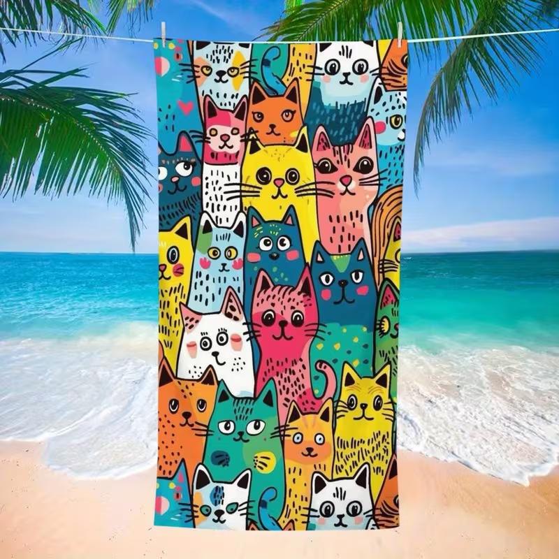 Cute Cartoon Cat Print Beach Towel Soft Quick Dry Sand Resistant Absorbent Beach Blanket for Summer Beach Pool Camping Travel