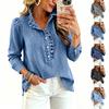 Women Denim Shirt Long Sleeve Button Down Ruffle Collar Casual Blouse Lightweight Soft Fabric Relaxed Fit Top