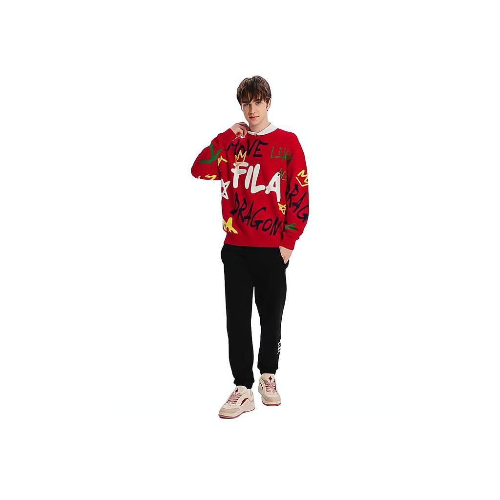 Fila Da Da Dragon Series New Year Couple Knitted Sweater With Color Block Fun Handwritten Pattern Unisex Sweater Legendary-Red F11U419402F-RD