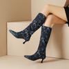Fashion Blue Jeans Knee High Boots Women Shoes Spring Winter Point Denim Heels Long Boot Dance Party Shoes Female Large Size 44 46