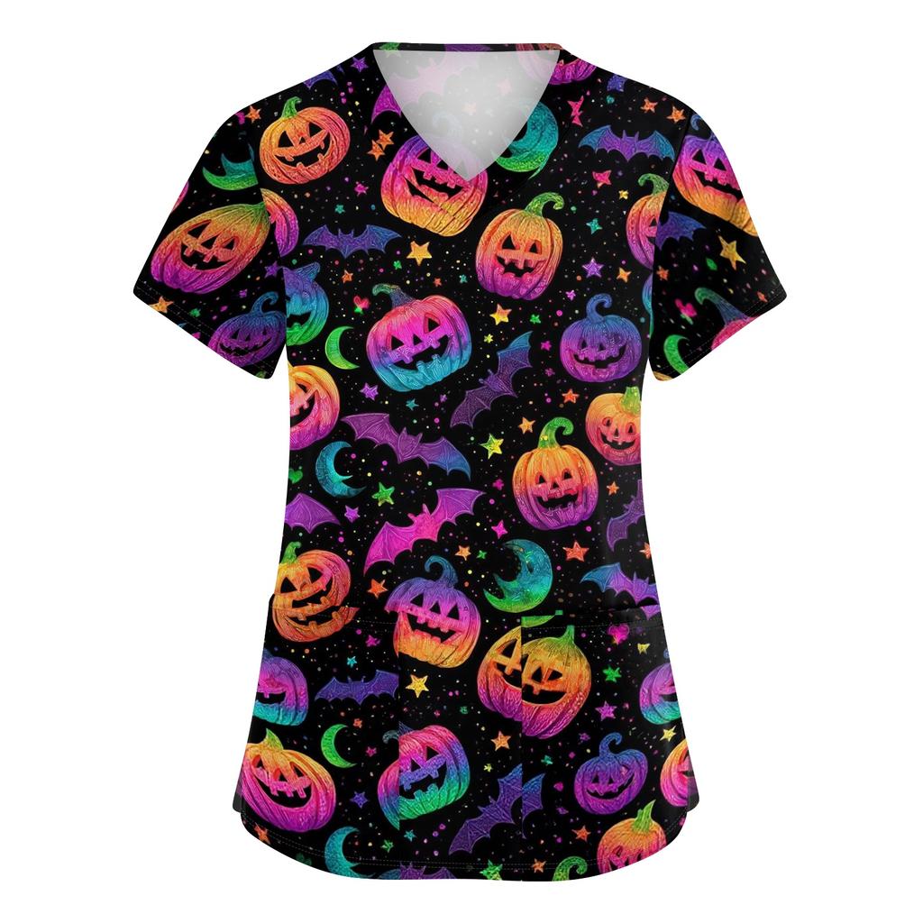 Women V Neck Short Sleeve Work Shirt Double Side Slit with Pockets Halloween Print Top Casual Comfortable Fit