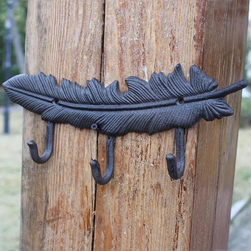 Feather Shape Single Three Hooks European Retro Style Originality Decorative Hooks Metal Iron Art Clothes Hat Key Wall Hooks