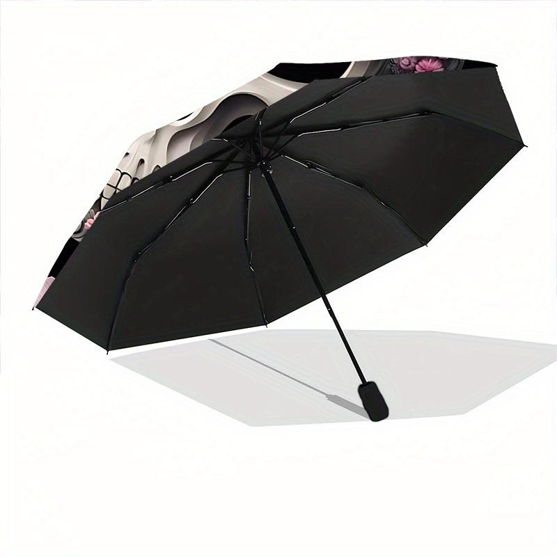1pc Skull Flowers Automatic Open/close Folding Compact Umbrella, 8-Rib Sturdy Canopy, Lightweight Portable, Everyday Use, Gift, Outdoor Umbrella, Trav