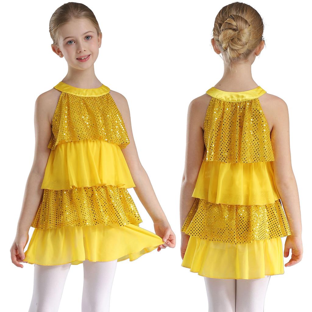 Gestuftes Rüschen-Mädchen-Tanzkleid Glänzende Pailletten Patchwork A-Linie Ärmellos Aufführungskostüm