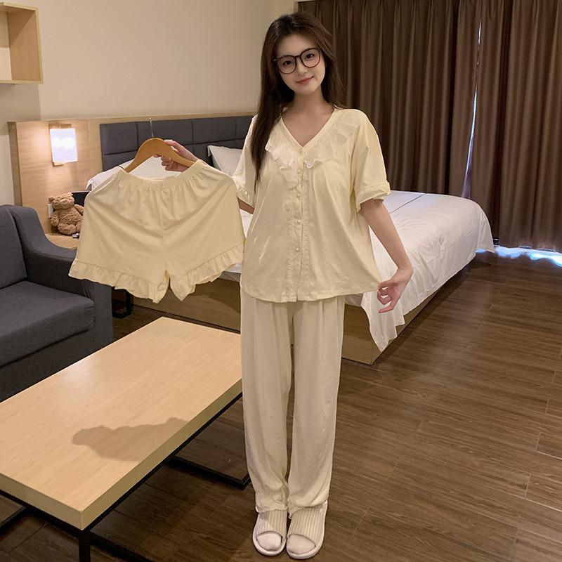 Women s Summer Tencel Cotton Pajama Set: Short Sleeve, Shorts, Long Pants, 3-Piece Cozy and Sexy Homewear. M