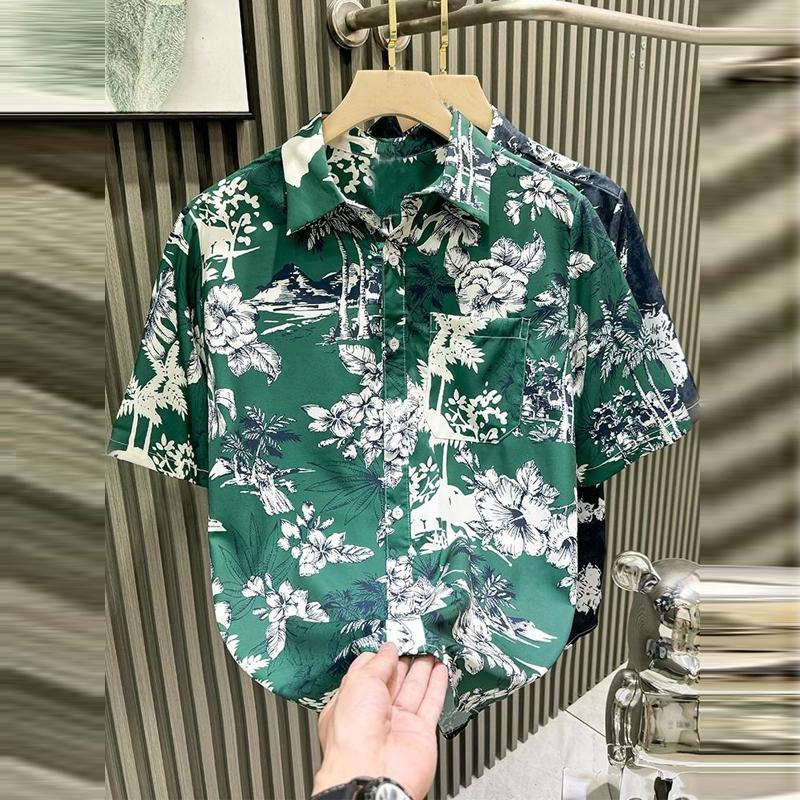 Men Clothing Summer Trendy Floral Print Hawaii Holiday Beach Shirt Casual Lapel Short Sleeve Pocket Loose Tops Camisa Masculina