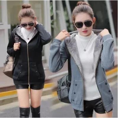 Women Fleece Lined Zip Up Hoodie Jacket Plus Size Autumn Winter Solid Color Casual Hooded Sweatshirt Coat