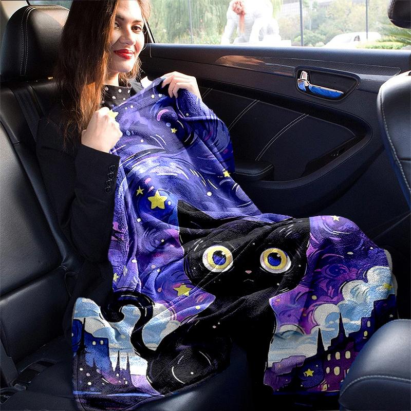 1pc Night Sky Black Cat Blanket Soft Throw for Home Decor, Gift Idea, Seasonal Use, Living Room, Travel, Camping, Car Blankets