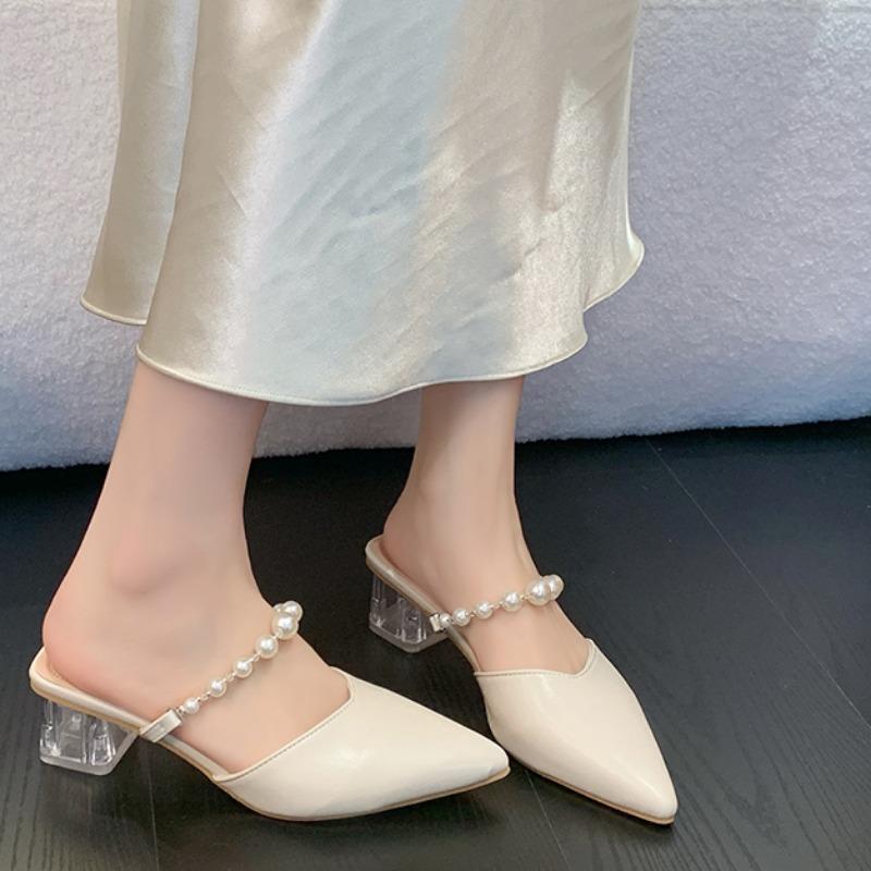 Fashion Women's Fashion Baotou Sandals Summer New Pointed Head Shallow Mouth Bead A Slip-on Wear Resistant Square Slippers With