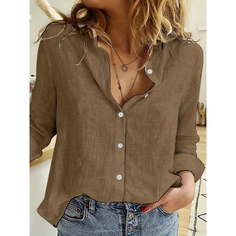 Women's Spring Summer Linen Blouse Solid Color Long Sleeve Button Down Lapel Casual Commuter Loose Fit Shirt Top